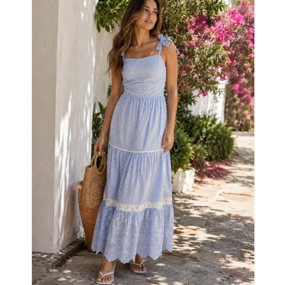 Shabby Chic Maxi‎ Dress Size 12 Blue White Striped Eyelet Lace NWT Cottagecore